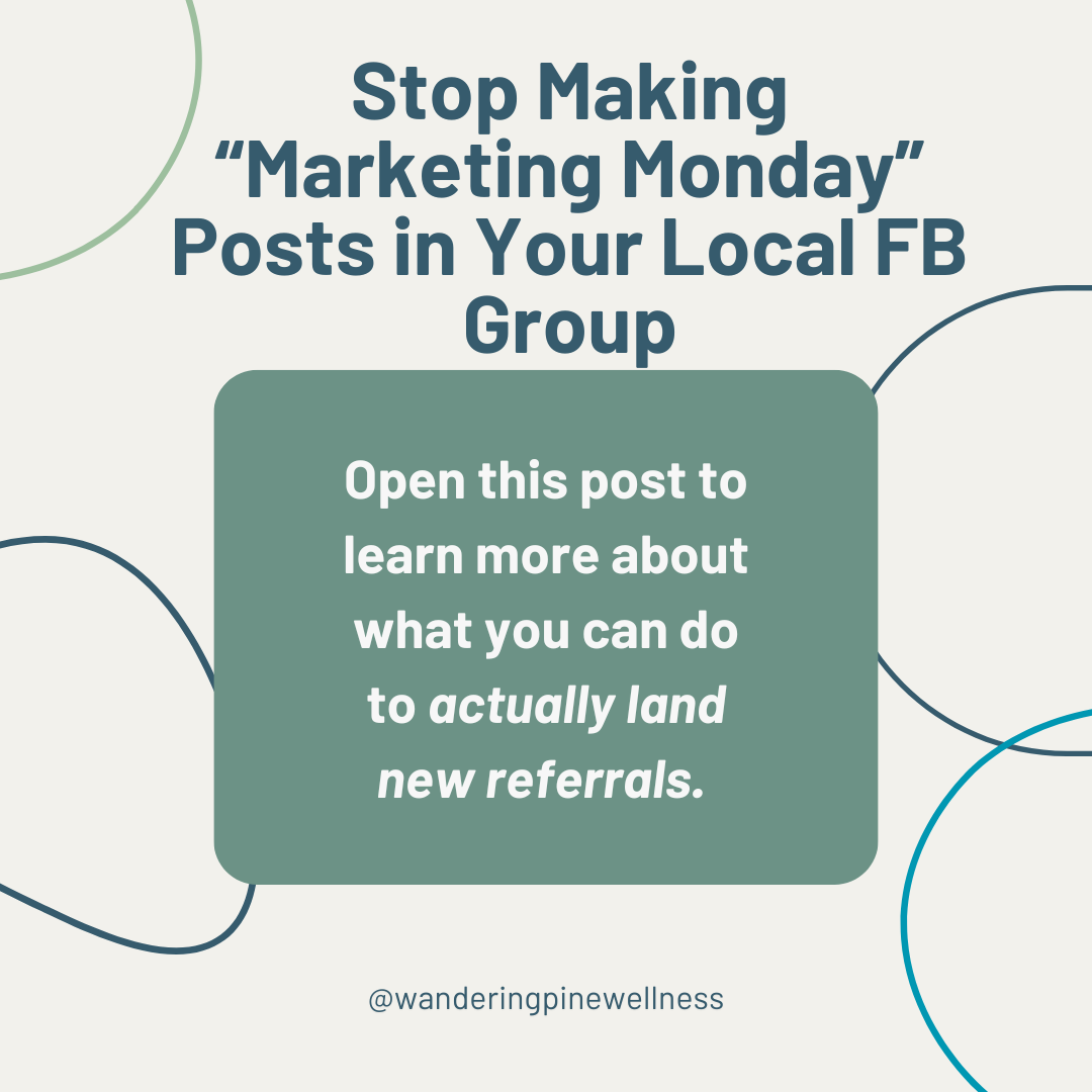 Screenshot of a Facebook group post titled “Marketing Monday” with dozens of therapist links in the comments